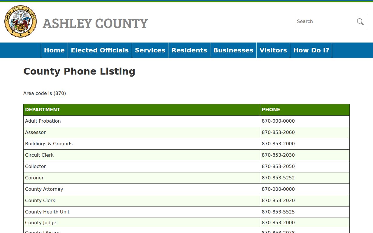 Ashley County court calendar phone directory