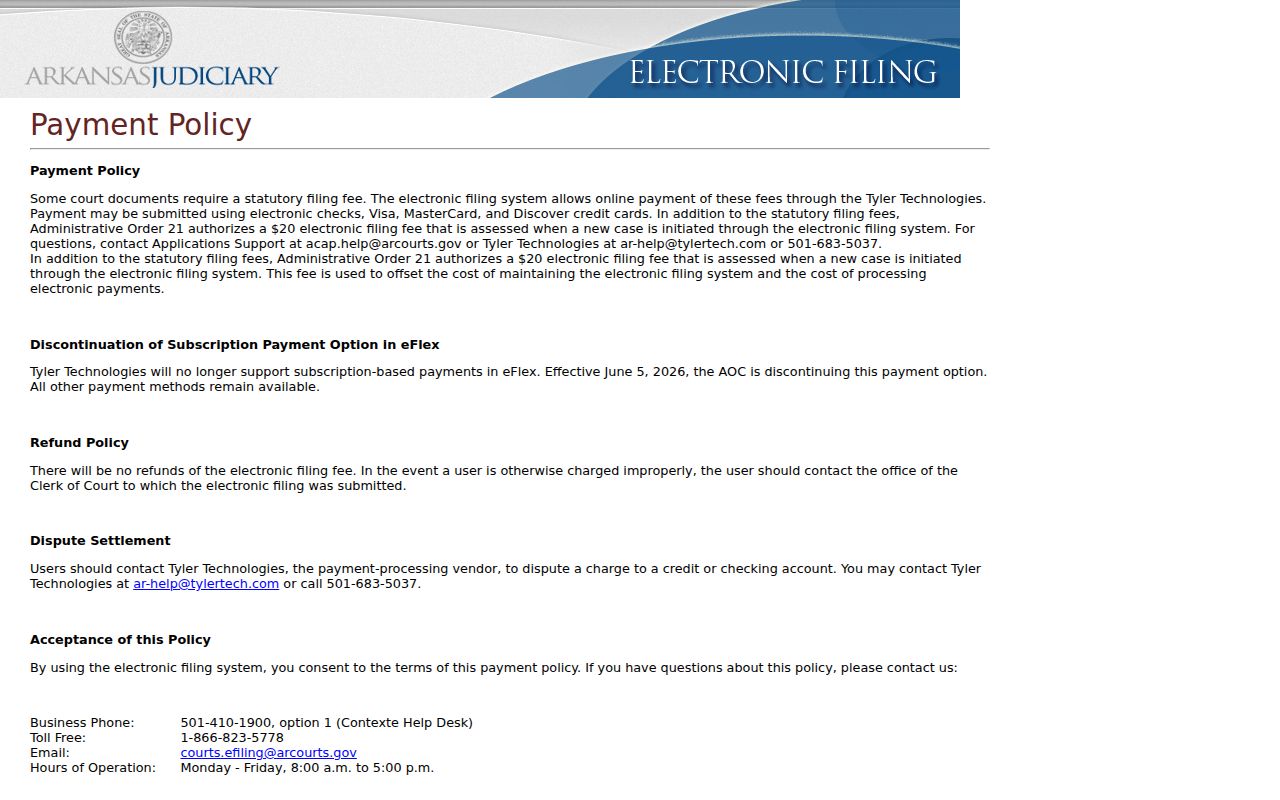 Ashley County civil docket eFlex payment policy