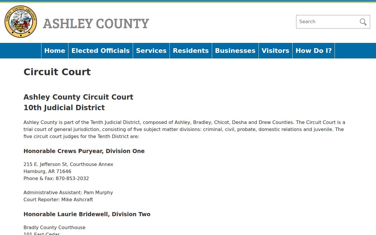 Ashley County court docket Circuit Court divisions